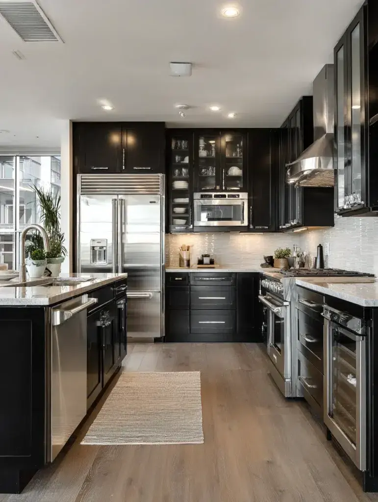 10 Black Cabinets with Stainless Steel