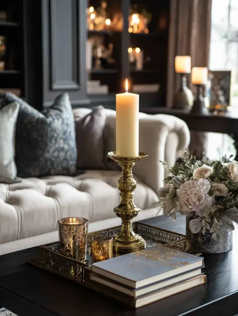 Irish Coffee Table Styling Ideas: Create Height with a Tall Brass Candlestick