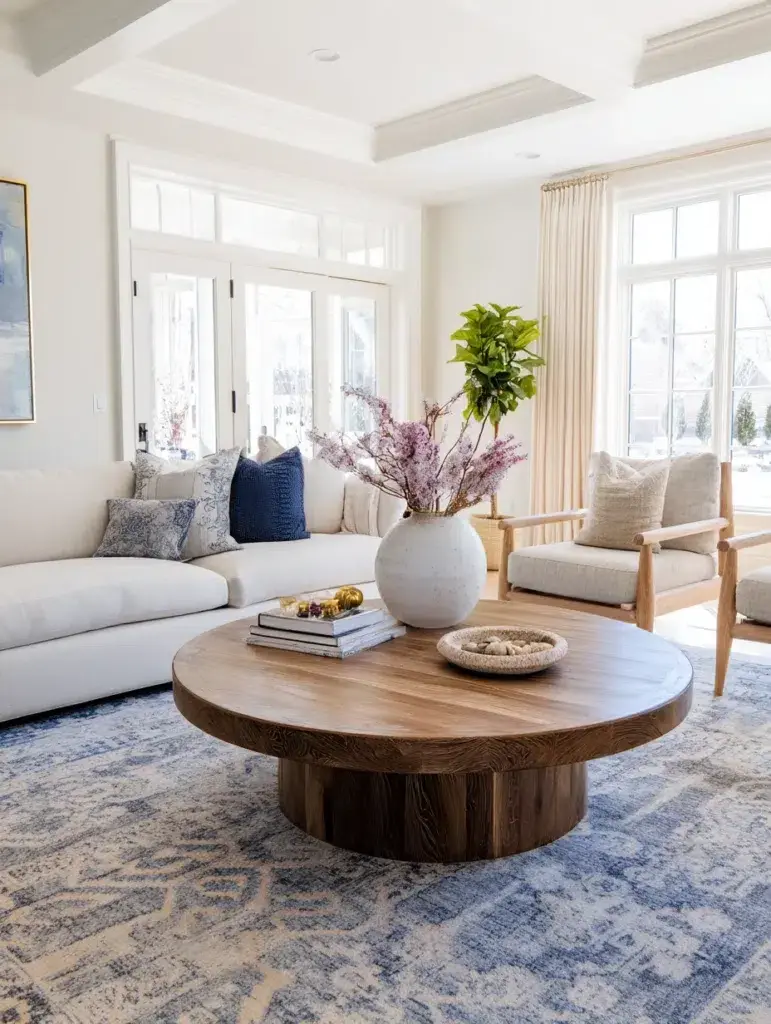 Elegant Round Coffee Table Styling Ideas: Layer Rugs Under Your Coffee Table