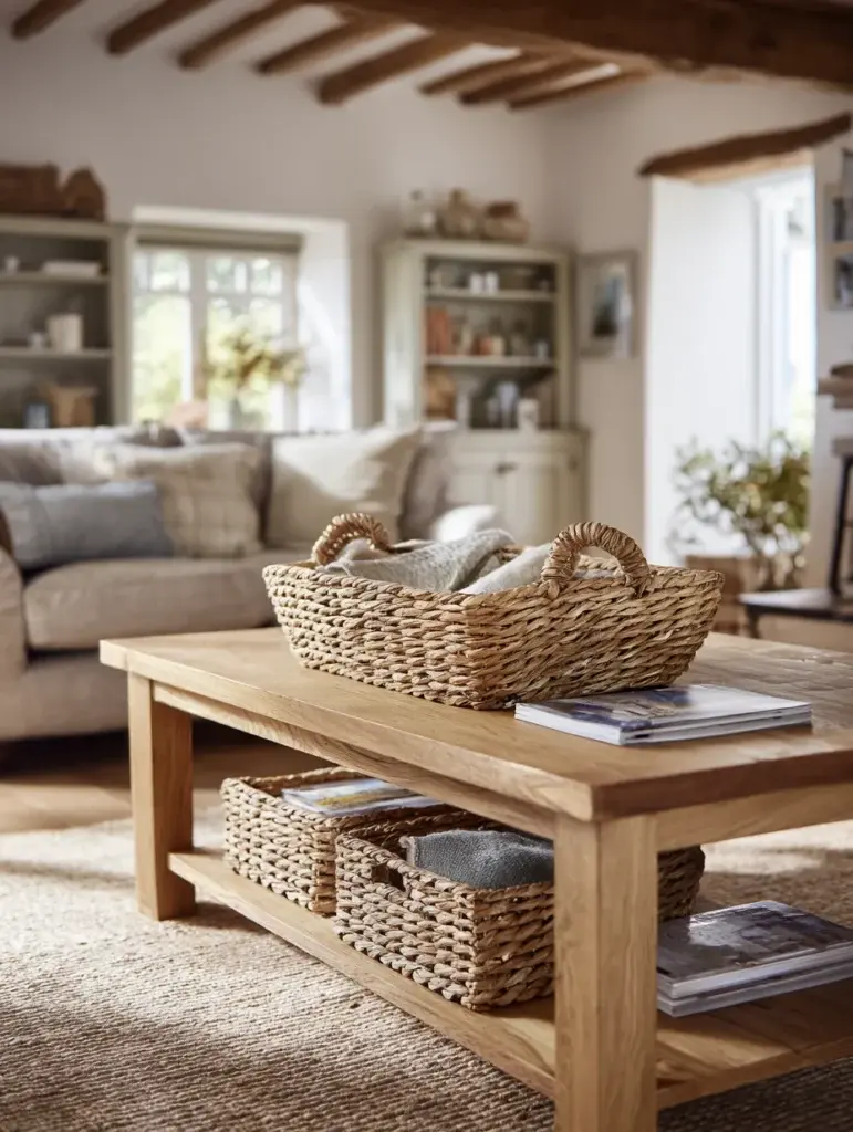 Scottish Coffee Table Styling Ideas: Incorporate Woven Baskets for Practical Storage