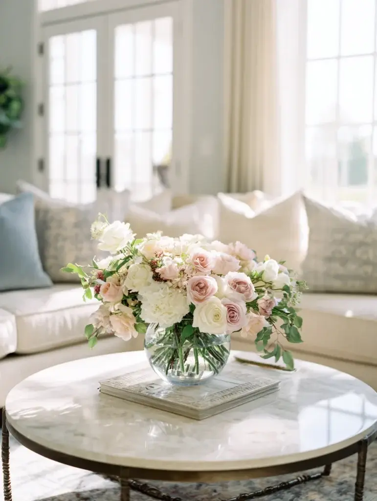 Elegant Round Coffee Table Styling Ideas: Use Fresh Flowers for Instant Elegance