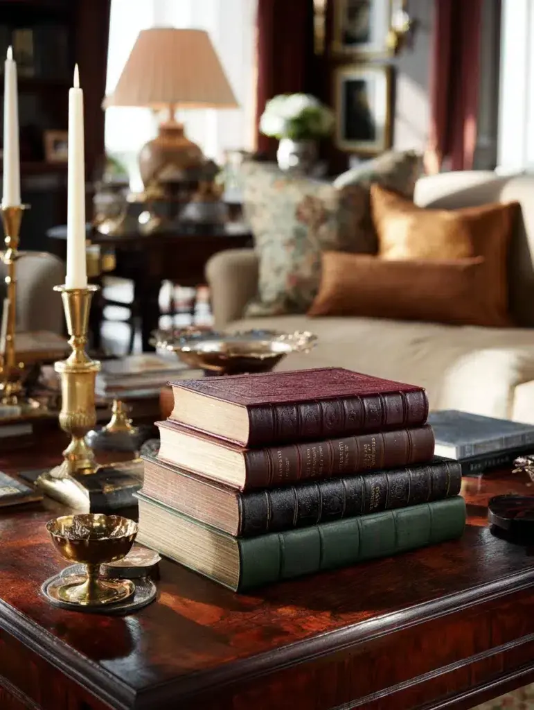 Scottish Coffee Table Styling Ideas: Stack Leather-Bound Books for Literary Sophistication