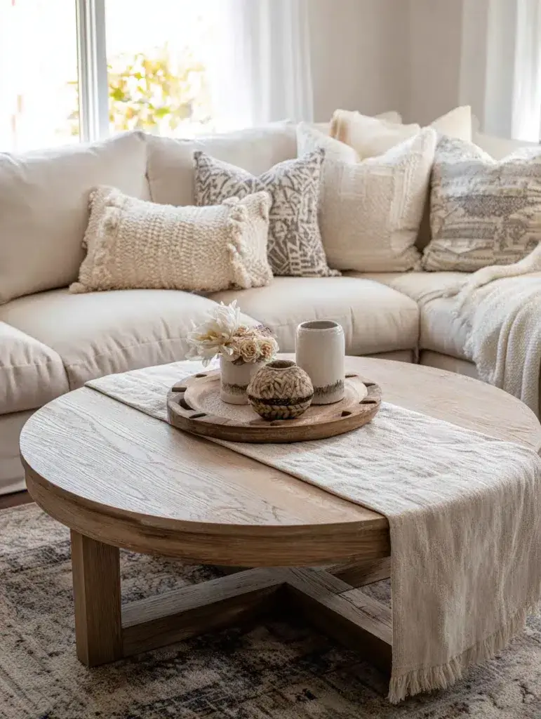 Elegant Round Coffee Table Styling Ideas: Layer with a Table Runner or Fabric Element