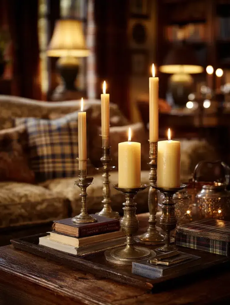 Scottish Coffee Table Styling Ideas: Add Brass Candlesticks for Warm Ambient Lighting