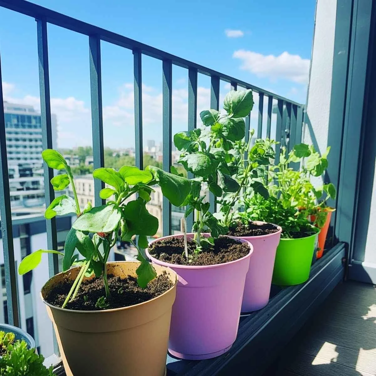 Bucket gardens on a balcony