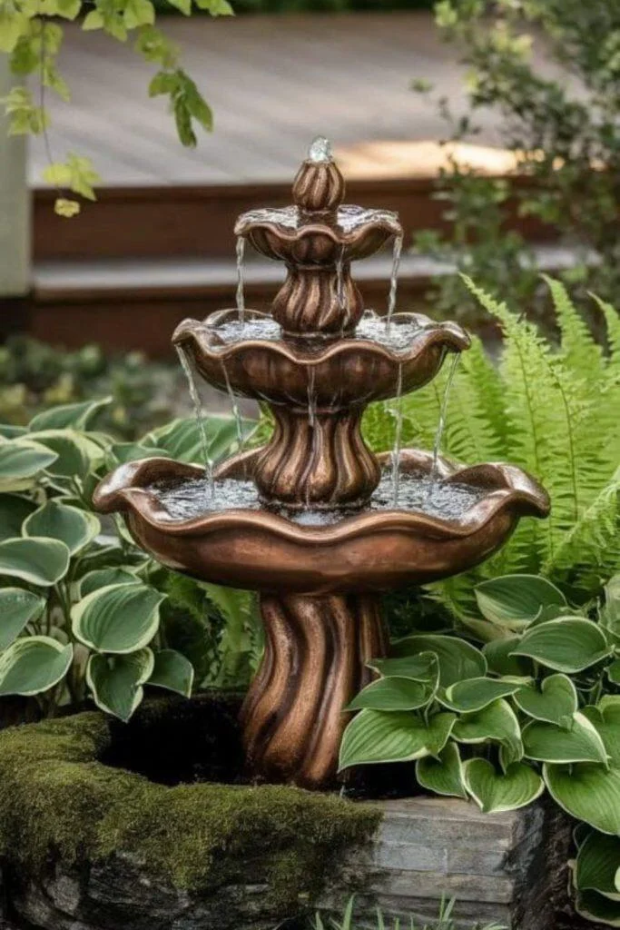 Flowing copper fountain with moss