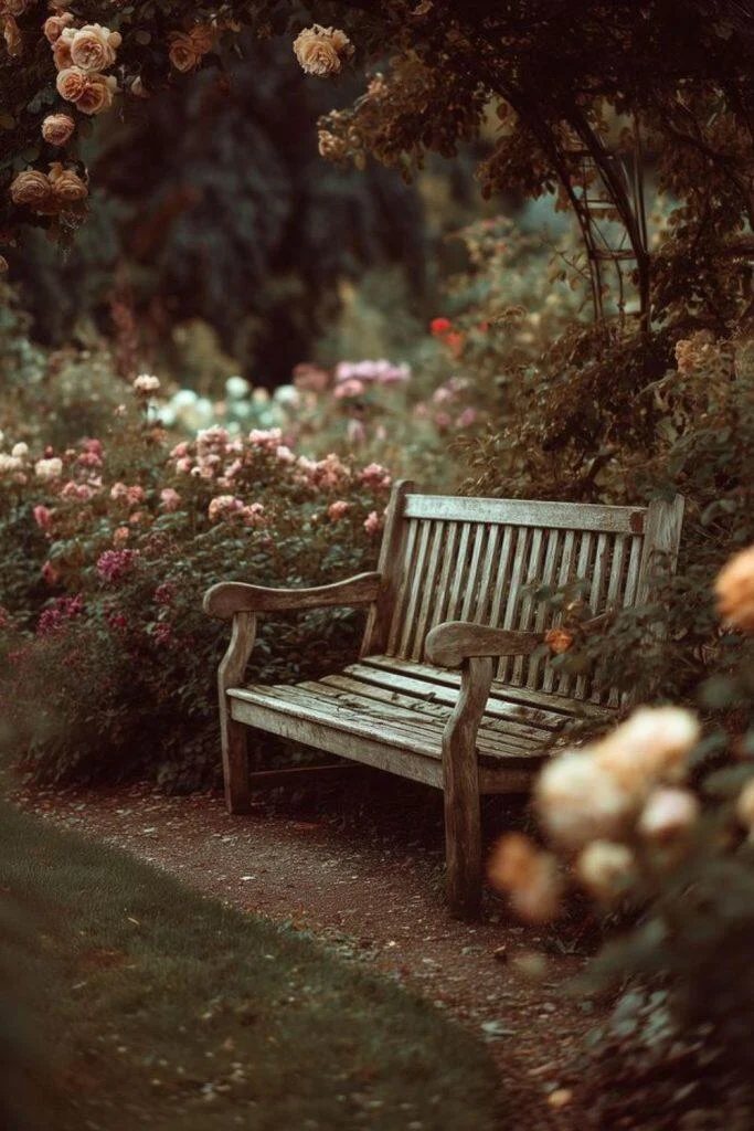 Sun-bleached wooden benches under oak