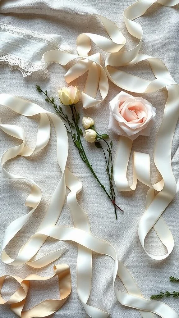 An arrangement of soft ribbons, antique lace, and delicate flowers on a light fabric background