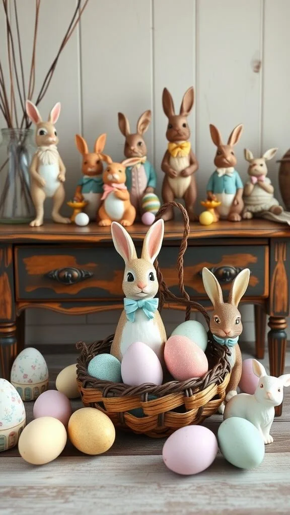 A collection of vintage Easter bunny figurines with pastel-colored eggs in a basket.