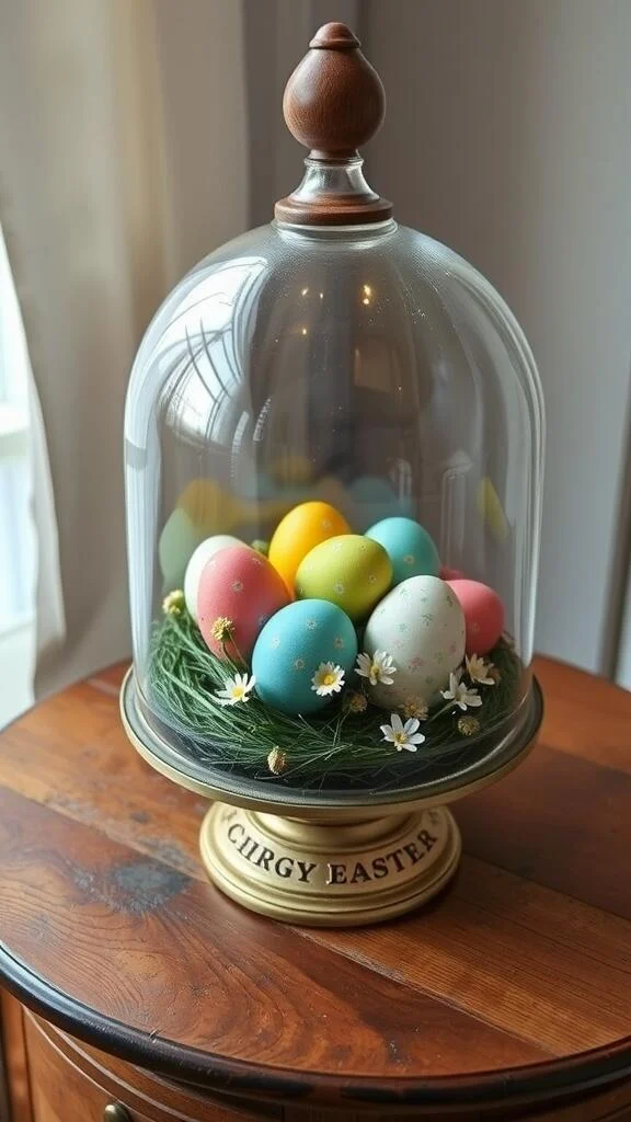 A glass cloche containing colorful Easter eggs surrounded by grass and flowers on a wooden table.