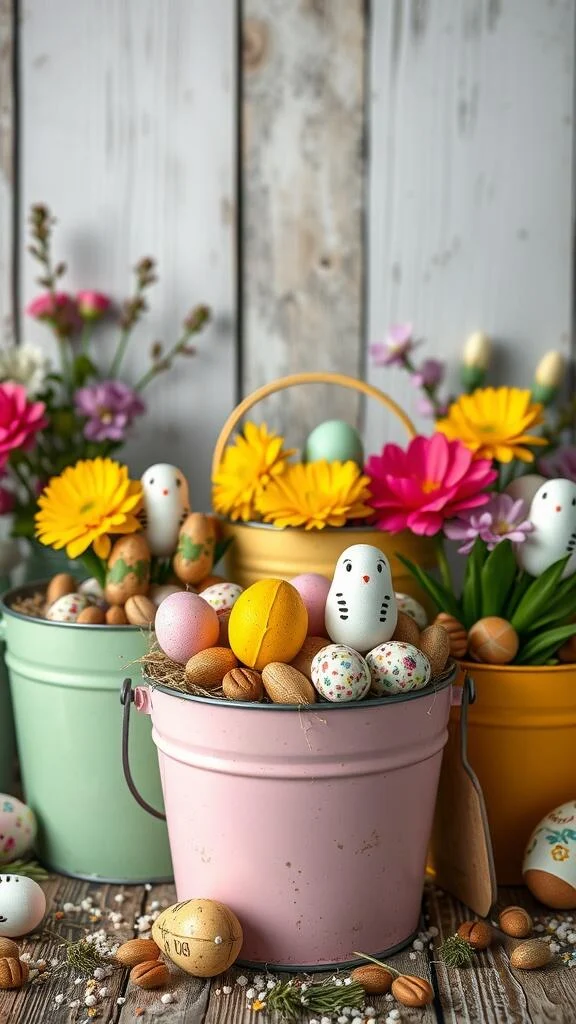 Colorful vintage tin Easter buckets filled with decorated eggs and flowers