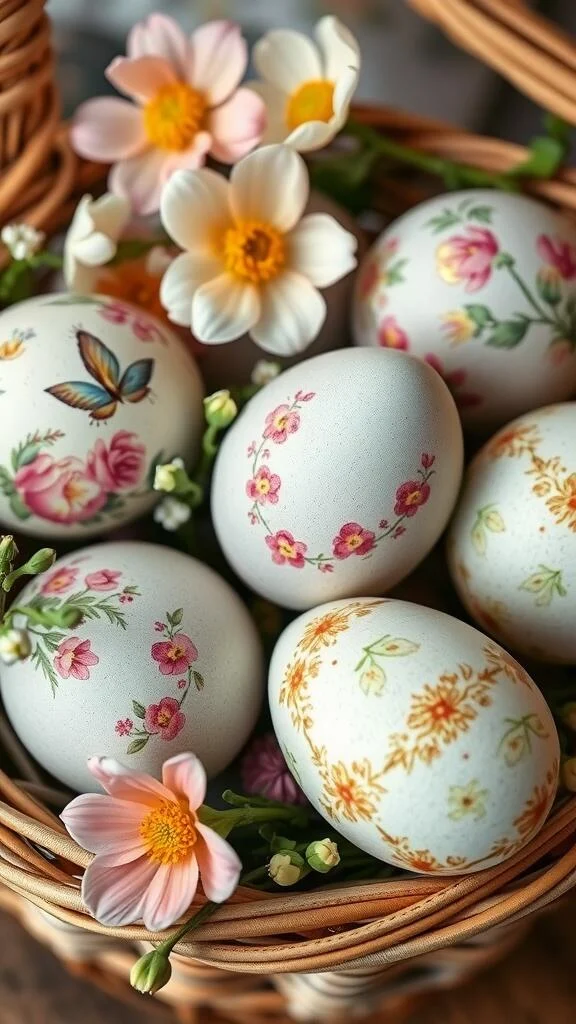 A basket filled with delicate hand-painted Easter eggs and flowers.