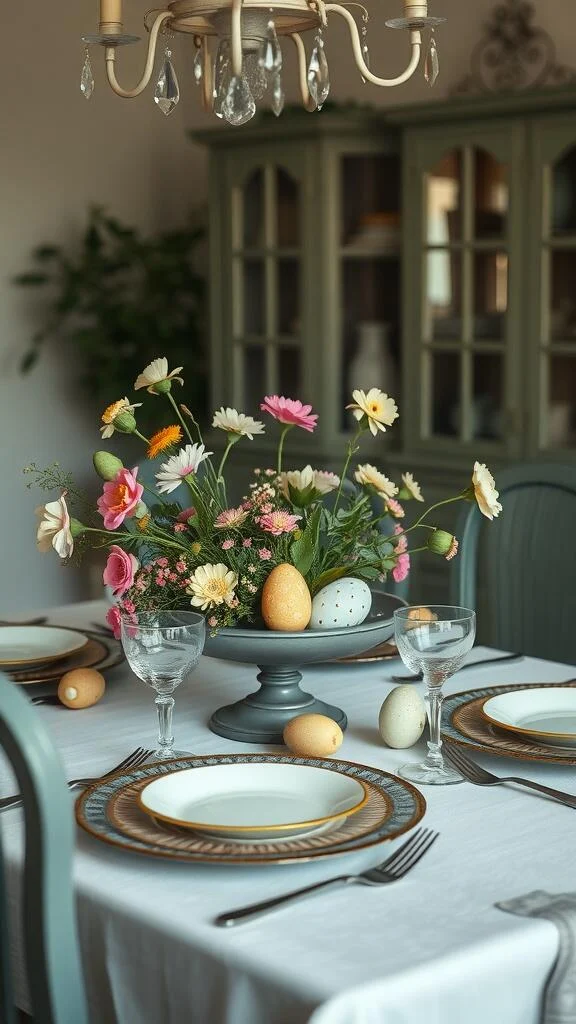 A retro Easter table centerpiece featuring flowers and decorated eggs.