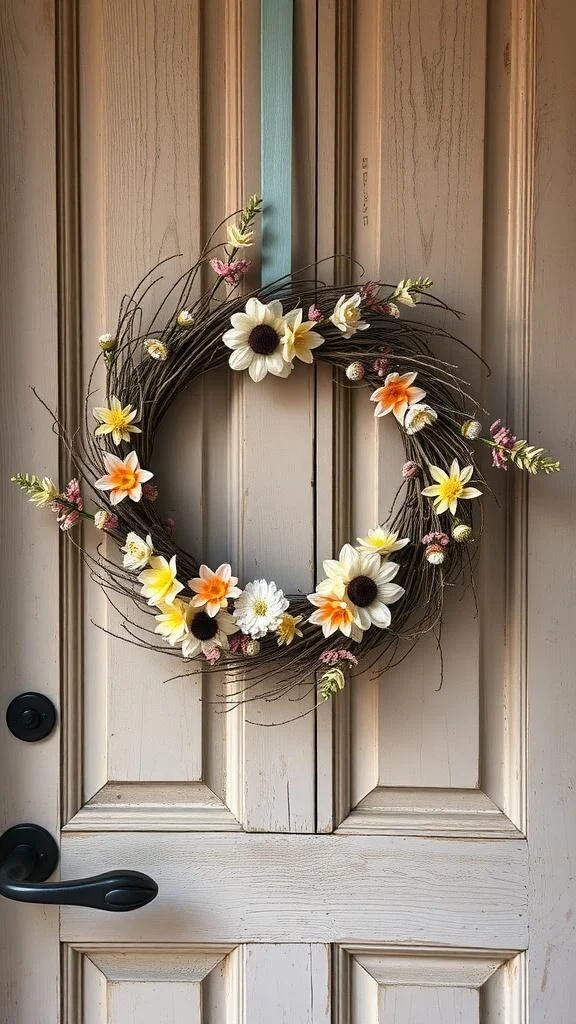 A rustic wreath made with dried flowers, hanging on a door.