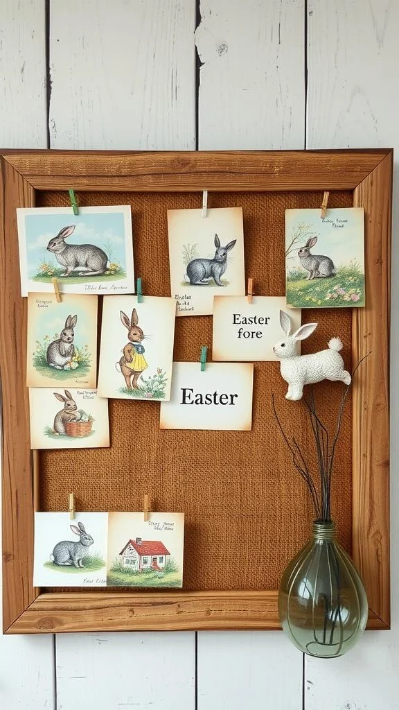 A collection of vintage Easter postcards featuring bunnies displayed on a bulletin board.