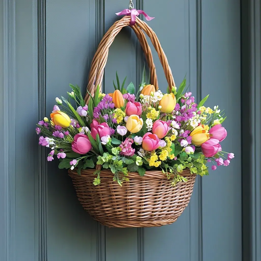 Floral Easter Basket: Imagine a charming wicker basket overflowing with the vibrant hues of spring! This Easter door hanger idea captures the season's essence with its fresh and colorful appeal. Start with a small to medium-sized wicker basket as your base. Then, let your creativity bloom by filling it with an assortment of artificial spring flowers.