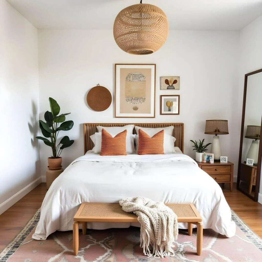 Modern and Balanced Afro Boho Decor This look blends contemporary style with African and bohemian elements, creating a space that’s both polished and inviting. Bed & Bedding: Crisp neutral linens topped with Kente-patterned accent pillows. Natural Elements: A rattan headboard, raffia pendant lamp, and handcrafted wooden decor. Floor & Walls: A Moroccan rug, layered wall art, and a mix of woven and framed prints. Overall Vibe: Cozy, modern, and effortlessly balanced.