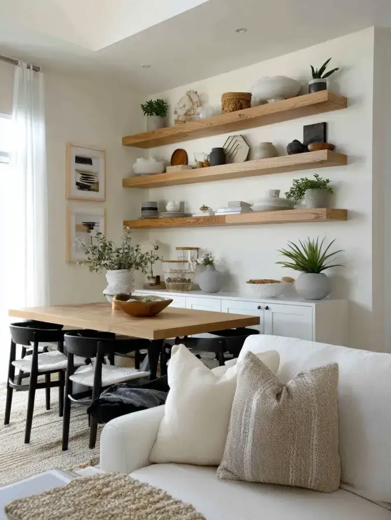 Small Living Room Dining Room Combo Ideas: Hang Floating Shelves Above Your Dining Table
