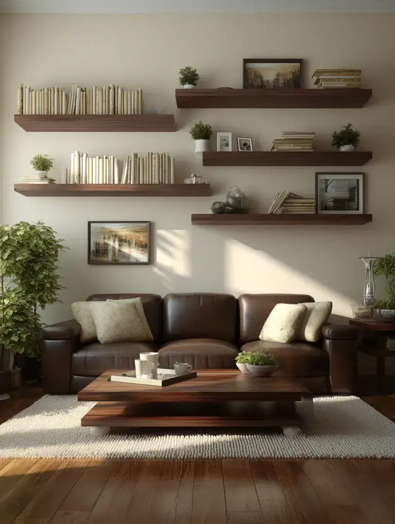 Brown and Cream Living Room Ideas: Install Floating Shelves in Walnut