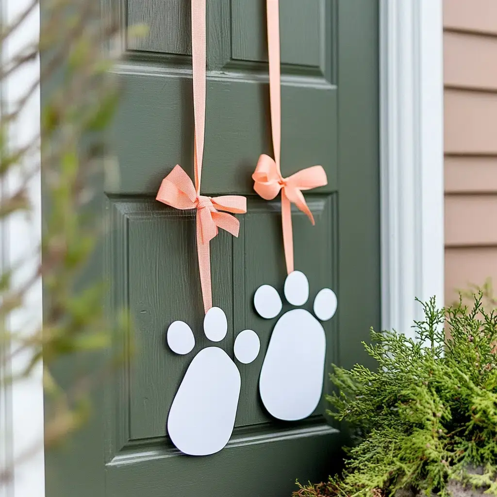 Easter Bunny Footprints: Lead your guests to Easter fun with this adorable door hanger idea featuring bunny footprints. It's a simple yet charming way to add a touch of whimsy to your decorations. Cut out bunny footprints from white cardstock or felt.