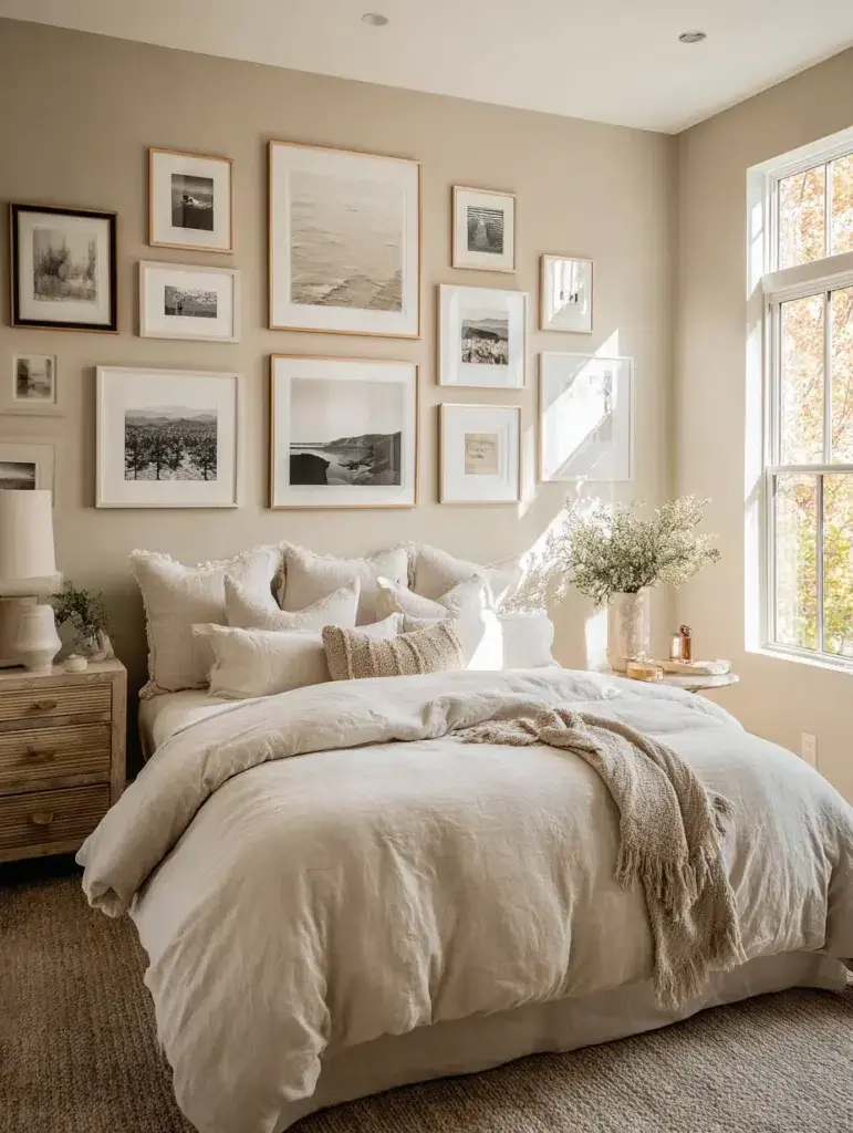 Beige Bedroom Ideas: Create a Gallery Wall with Neutral Art