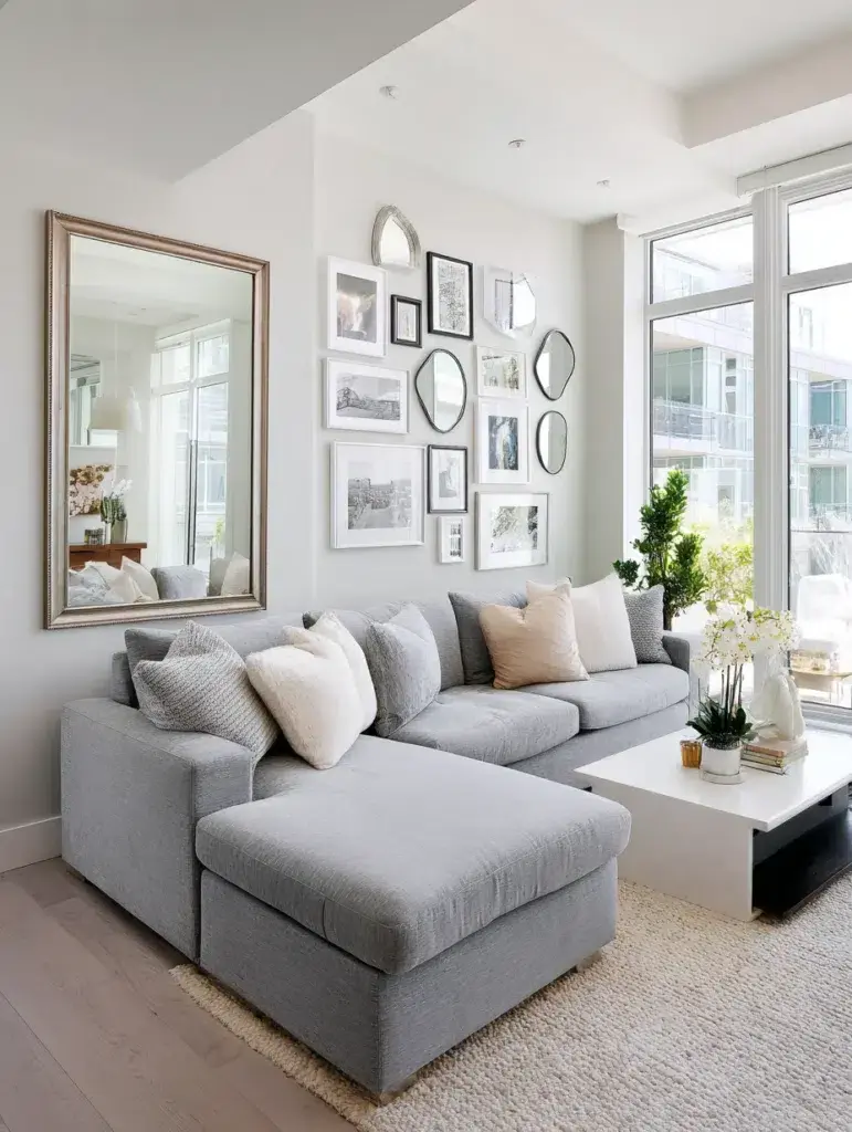 Grey Couch Living Room Ideas: Use Mirrors Strategically