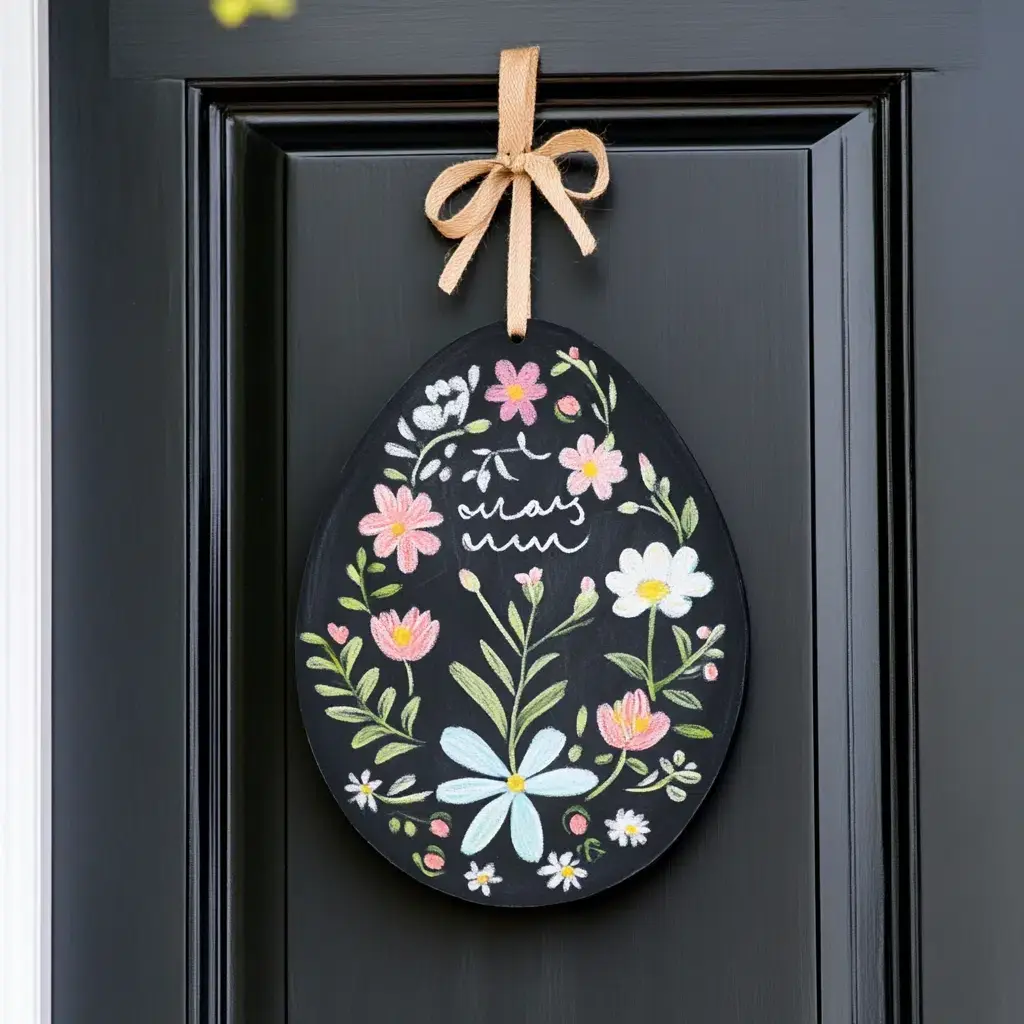 Chalkboard Egg: This interactive and versatile door hanger idea features a chalkboard egg that you can customize with different messages and designs each day. It's a fun and engaging way to add a touch of creativity to your decorations.