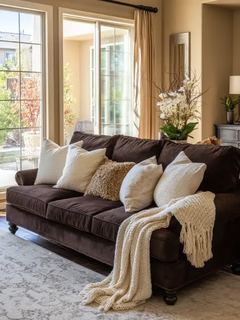 Brown and Cream Living Room Ideas: Anchor the Space With a Chocolate Brown Sofa