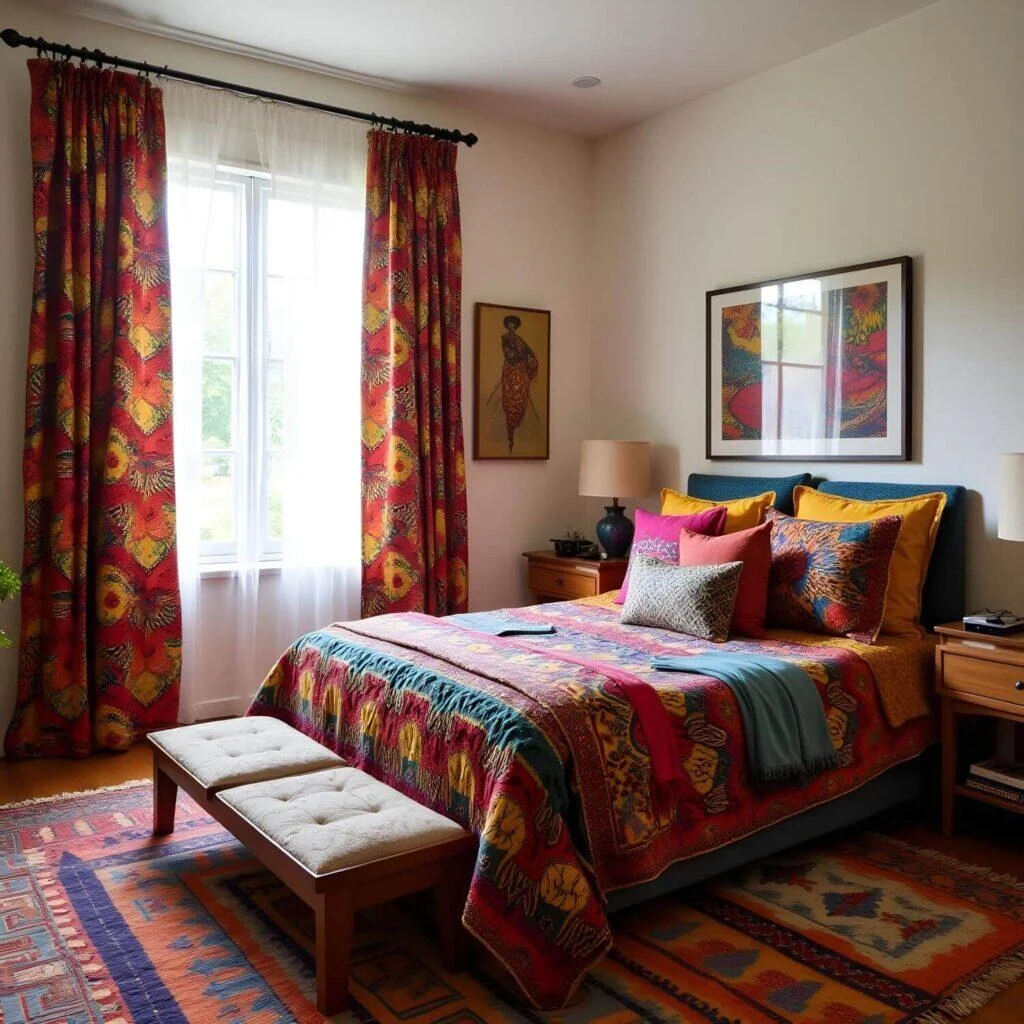 Colorful and Artsy Afrohemian Bedroom Love bold hues? This artsy bedroom radiates personality and joy with every detail. Bedspread & Textiles: Vibrant dyed fabrics inspired by African fashion. Decor Elements: Colorful curtains, eclectic pillows Balance: Wooden bedside tables, neutral lamps, and simple wall art to keep the space cohesive. Color Palette: Stick to 2-3 vibrant tones to avoid visual overload.