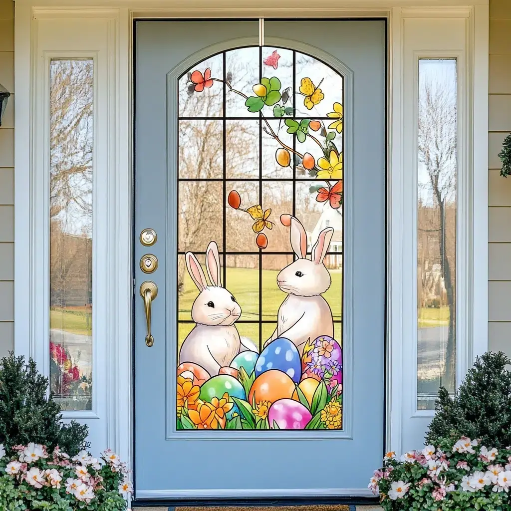 Windowpane Easter Scene: This eye-catching door hanger idea transforms your glass door into a festive Easter scene. It's a beautiful and creative way to add a touch of holiday spirit to your home.
