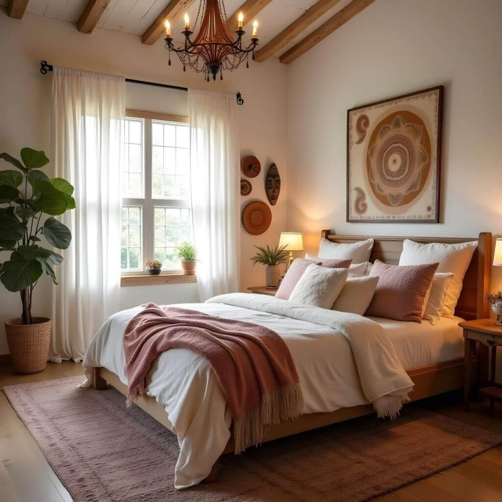 Warm and Cozy Afro Boho Bedroom Perfect for unwinding, this style wraps you in warmth with soft textures and soothing colors. Color Palette: Creamy neutrals, soft pinks, and warm beiges. Textural Layers: Plush blankets, layered rugs, and soft woven fabrics. African Touches: Patterned rugs, embroidered curtains, and richly textured throw pillows. Finishing Touches: Small African masks, framed fabric art, and dim lighting for a serene glow.