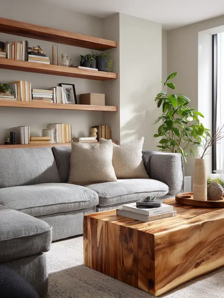 Grey Couch Living Room Ideas: Add Warm Wood Tones