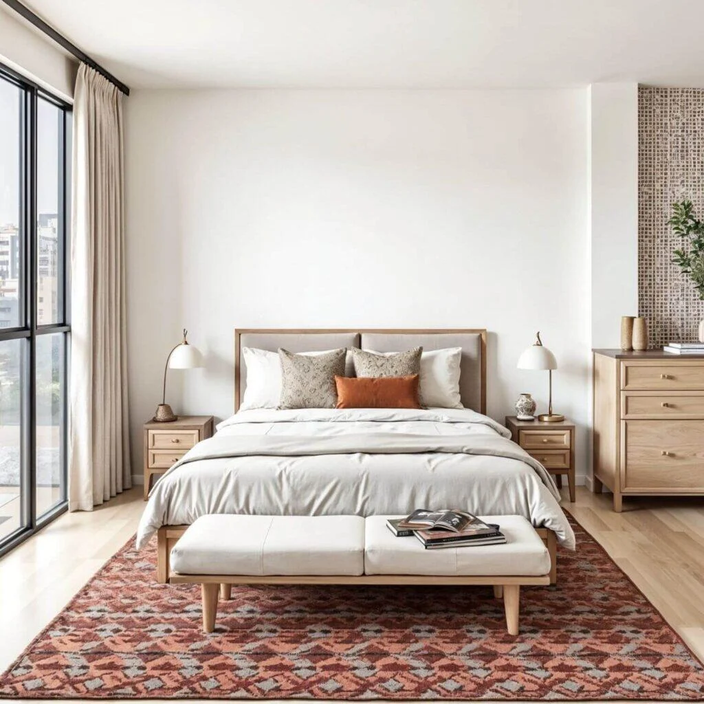 Minimalist and Functional: A Scandi-Afro Boho Style If you love clean lines but still want warmth and culture, this fusion is for you. Furniture: Simple bed frame, sleek nightstands, and a neutral dresser. Pattern Play: A statement African-print wallpaper or a striking rug. Decor Restraint: Thoughtfully chosen pieces in soft earthy tones. Overall Feel: Understated yet rich in heritage.