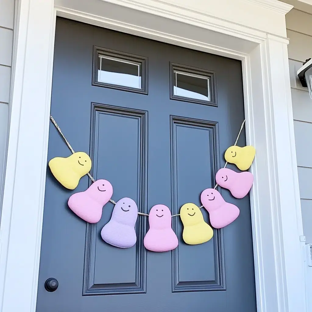 Peeps Garland: Sweeten your Easter decorations with this delightful Peeps garland door hanger. It's a fun and festive way to incorporate these iconic Easter treats into your decor. You can use actual Peeps candies, or if you prefer a longer-lasting option, you can create Peeps-shaped cutouts from felt or cardstock. String the Peeps or cutouts together using a colorful thread or ribbon.