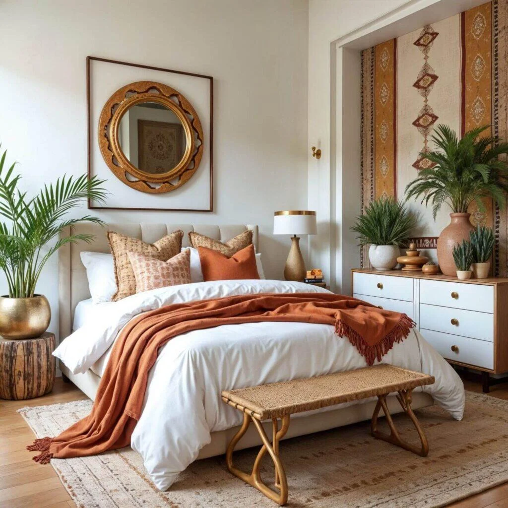 Chic and Luxurious African Bohemian Scheme This style proves that Afro Boho can be both laid-back and luxurious. Key Pieces: A crisp all-white bed, gold-accented furniture, and a statement low dresser. Layering: A terracotta boho-inspired bedspread with matching throw pillows. Decor Details: Golden knobs, an ornate round mirror, and sculptural plant pots. Anchoring Elements: Elegant printed wallpaper, plush rugs, and curated wall tapestries.