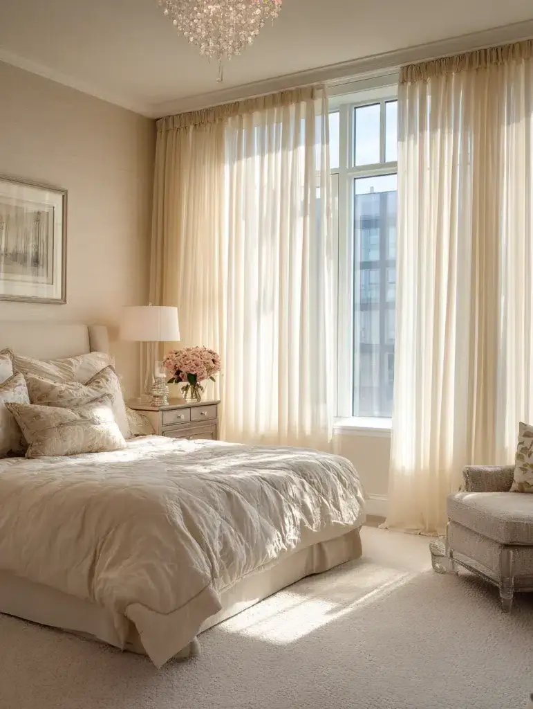 Beige Bedroom Ideas: Install Sheer Beige Curtains