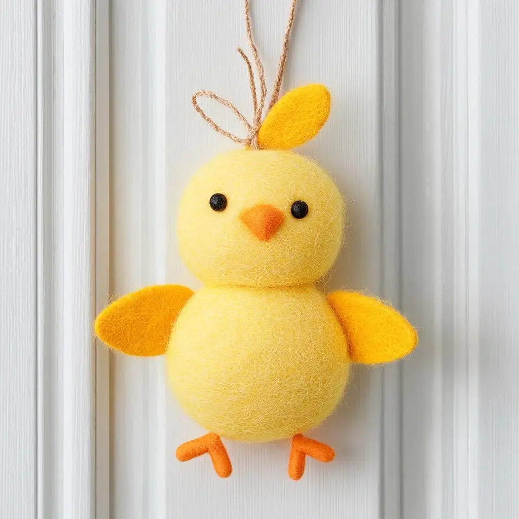 Spring Chick: This adorable door hanger idea features a cute and fluffy spring chick, bringing a touch of springtime charm to your home. Make a large chick shape from yellow felt or fabric. You can find templates online or create your own design.
