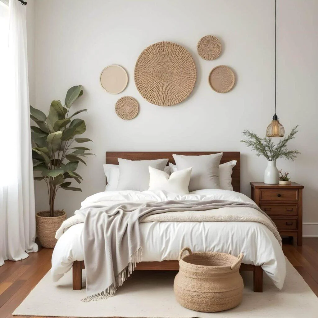 Neutral and Tranquil Afro Boho Vibe For a softer, more muted take, this style keeps it airy and relaxed while staying true to Afro Boho aesthetics. Color Scheme: Off-whites, soft grays, and muted earth tones. Materials: A wooden bed frame, rustic bedside tables, and rattan planters. Texture & Layers: Cozy throws, woven wall art, and soft linen pillows. Overall Mood: Calm, airy, and effortlessly chic.
