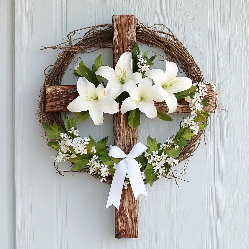 Cross and Lilies: Reflect the true meaning of Easter with this elegant cross and lilies door hanger. It's a beautiful and reverent way to celebrate the holiday. Create a simple cross from wood or twigs. You can find pre-made crosses at craft stores, or you can create your own.