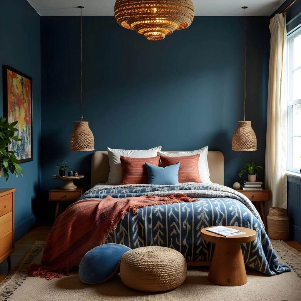 Bold and Refined Afro Bohemian Bedroom Decor This is Afro Boho at its most expressive—deep colors, dramatic patterns, and a refined yet adventurous feel. Focal Color: A rich, moody shade like deep ocean blue or burnt orange. Patterns & Textiles: Mud cloth, kuba cloth, and handwoven poufs. Balance Elements: Wooden accents, woven baskets, and neutral grounding tones. Final Touch: A statement Afro Boho chandelier in bamboo or raffia.