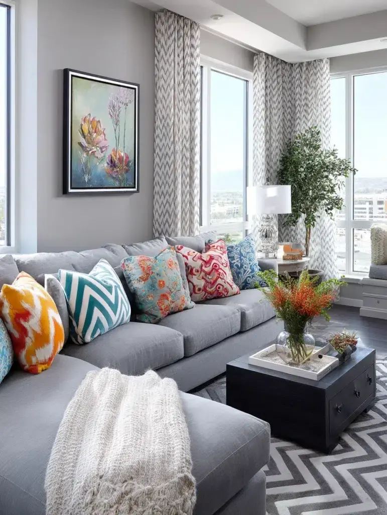 Grey Couch Living Room Ideas: Add Pattern Through Throw Pillows