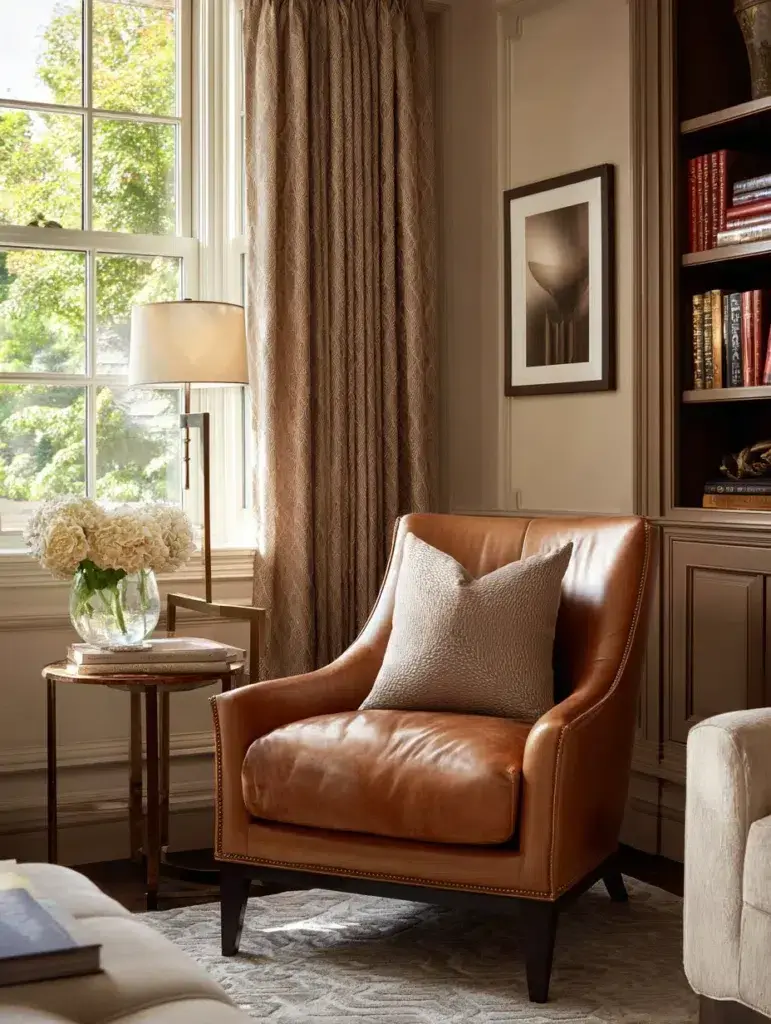 Brown and Cream Living Room Ideas: Add a Camel Leather Accent Chair