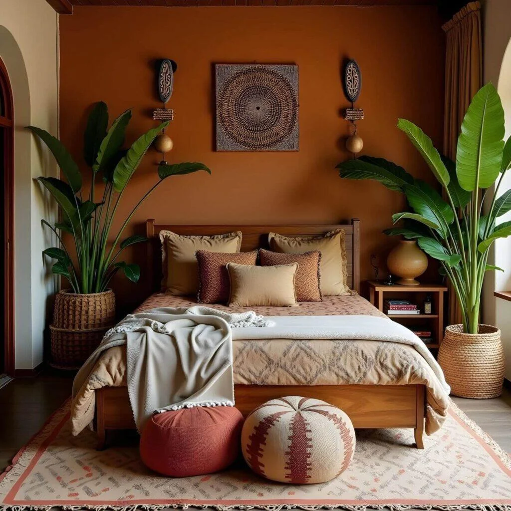 Gorgeous and bold Afro bohemian bedroom in different shades of terracotta and orange tone with two large plants on either side of the bed and African art hanged on the wall above the bed