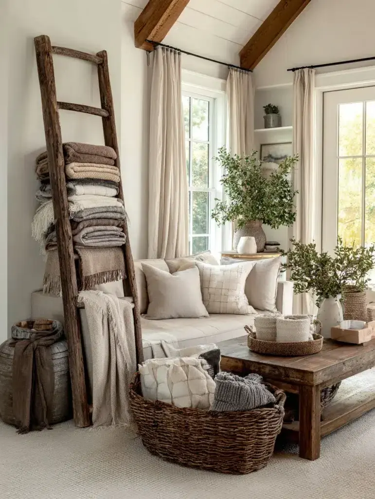 Aesthetic Farmhouse Living Room Ideas: Vintage Ladder Blanket Storage