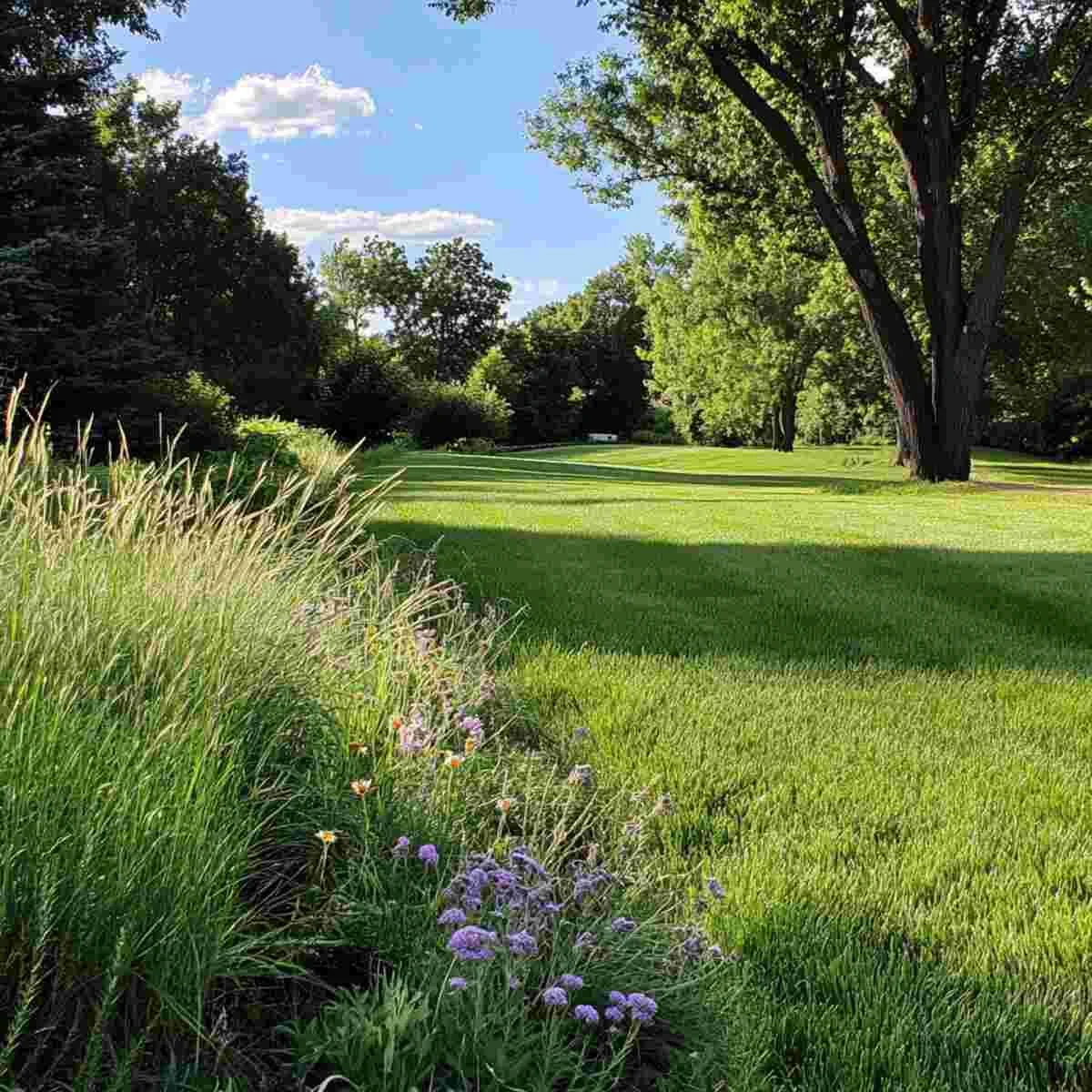 Tall grasses and wildflowers replacing lawn