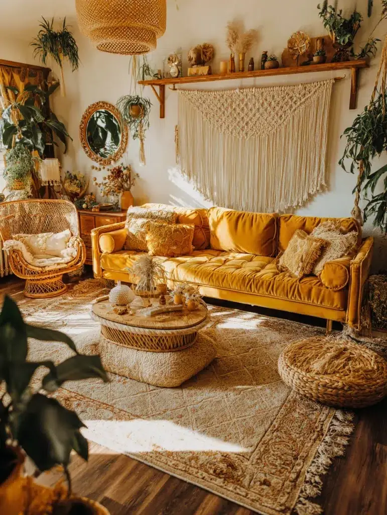 Yellow Couch Living Room Ideas: Embrace Boho Vibes with Macrame and Rattan