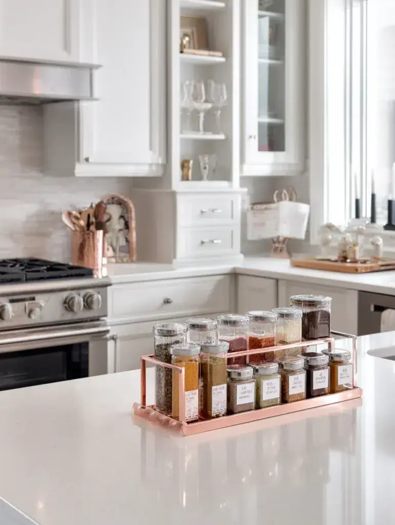 Rose Gold Kitchen Ideas: Rose Gold Spice Rack That Stays on Display