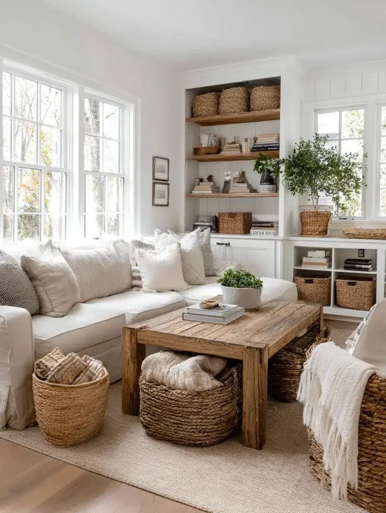 Aesthetic Farmhouse Living Room Ideas: Woven Basket Storage Solutions