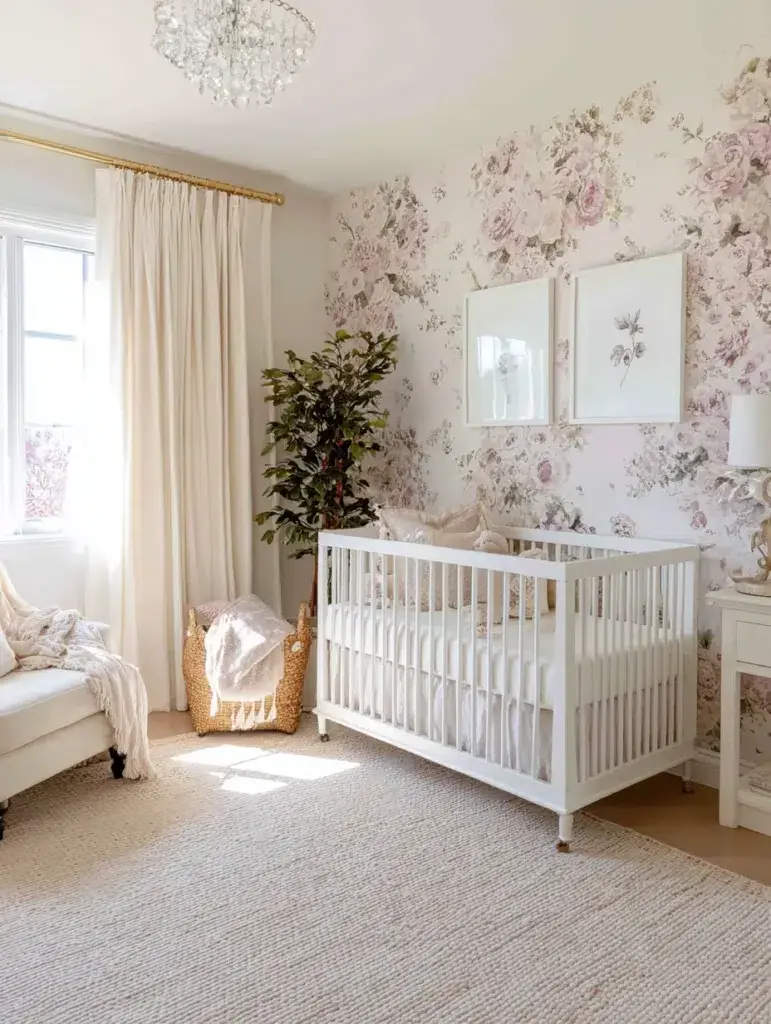 Elegant French Nursery Ideas: Floral Wallpaper Accent
