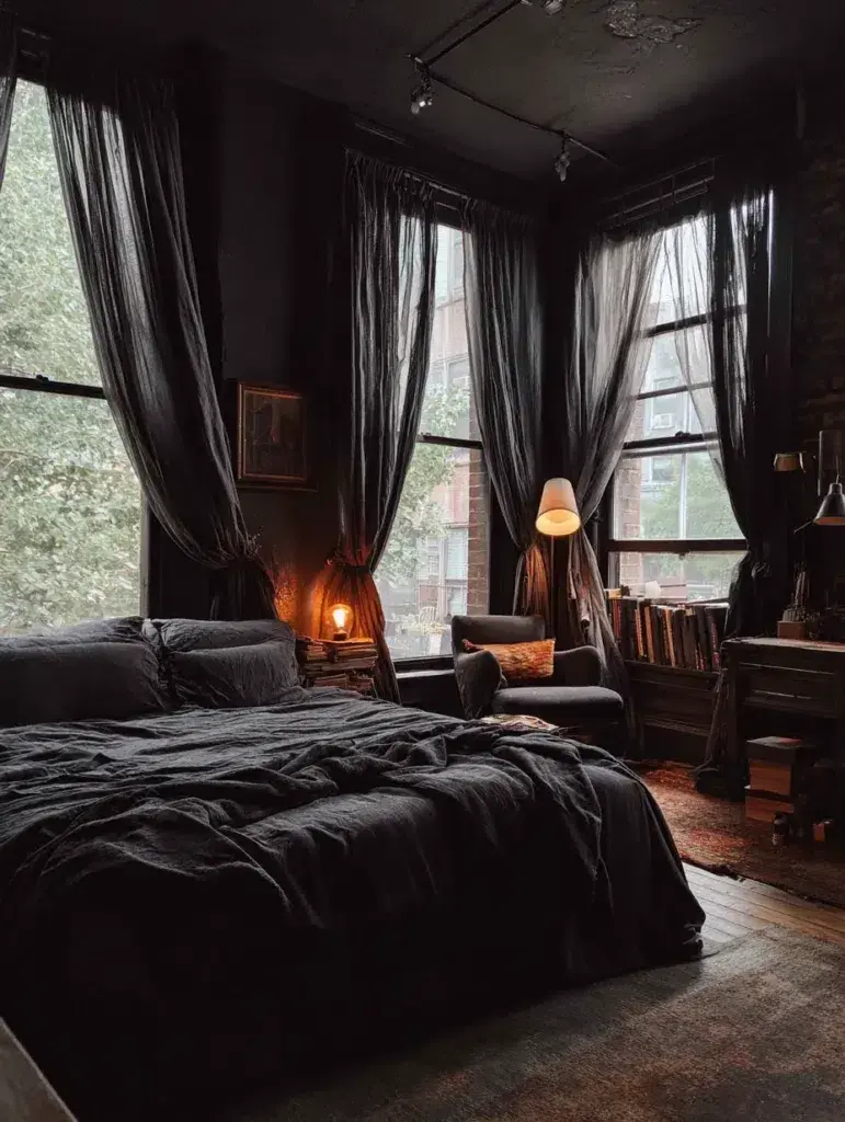 Aesthetic Grunge Room Ideas: Hang Sheer Black or Gray Curtains
